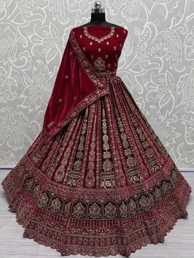 Stunning Pink Dori Work Velvet Bridal Lehenga Choli With Two Dupatta - Ethnic Plus In
